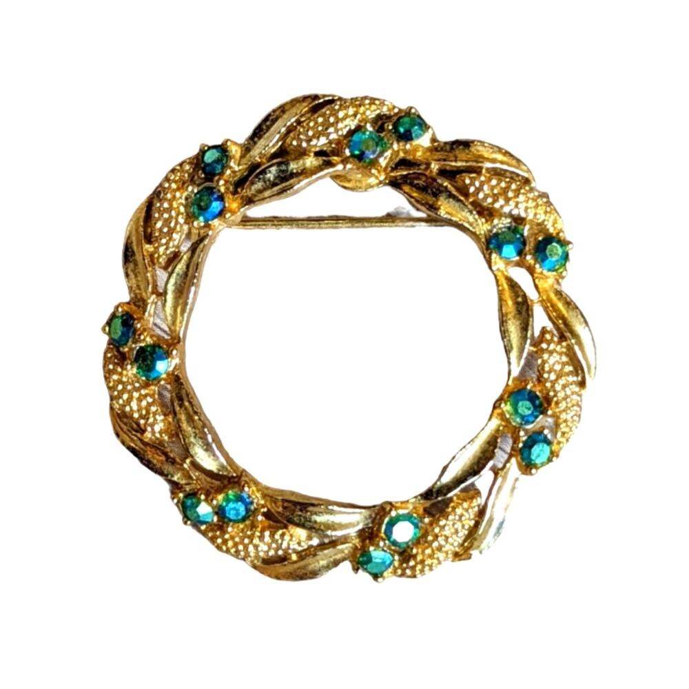 Vintage Gerry's gold-tone wreath brooch blue/green stones